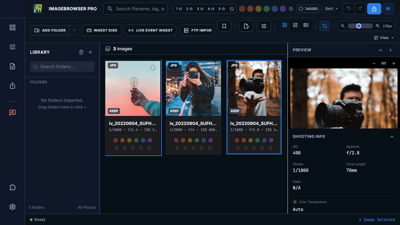 Actual ImageBrowserPro workspace showing photo review and metadata beside the photograph