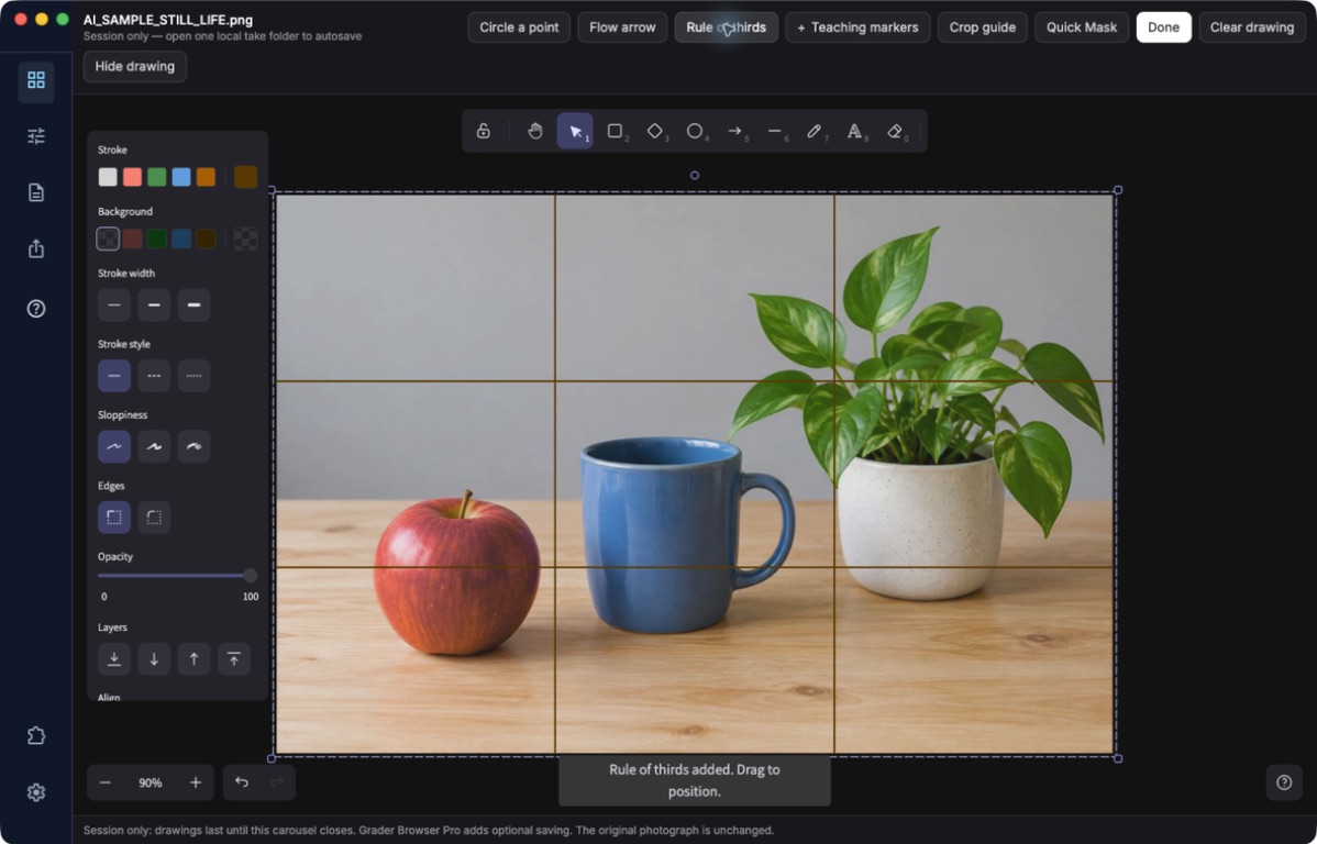 Actual ImageBrowserPro Draw workspace with a rule-of-thirds teaching overlay on an AI-generated still-life practice photograph