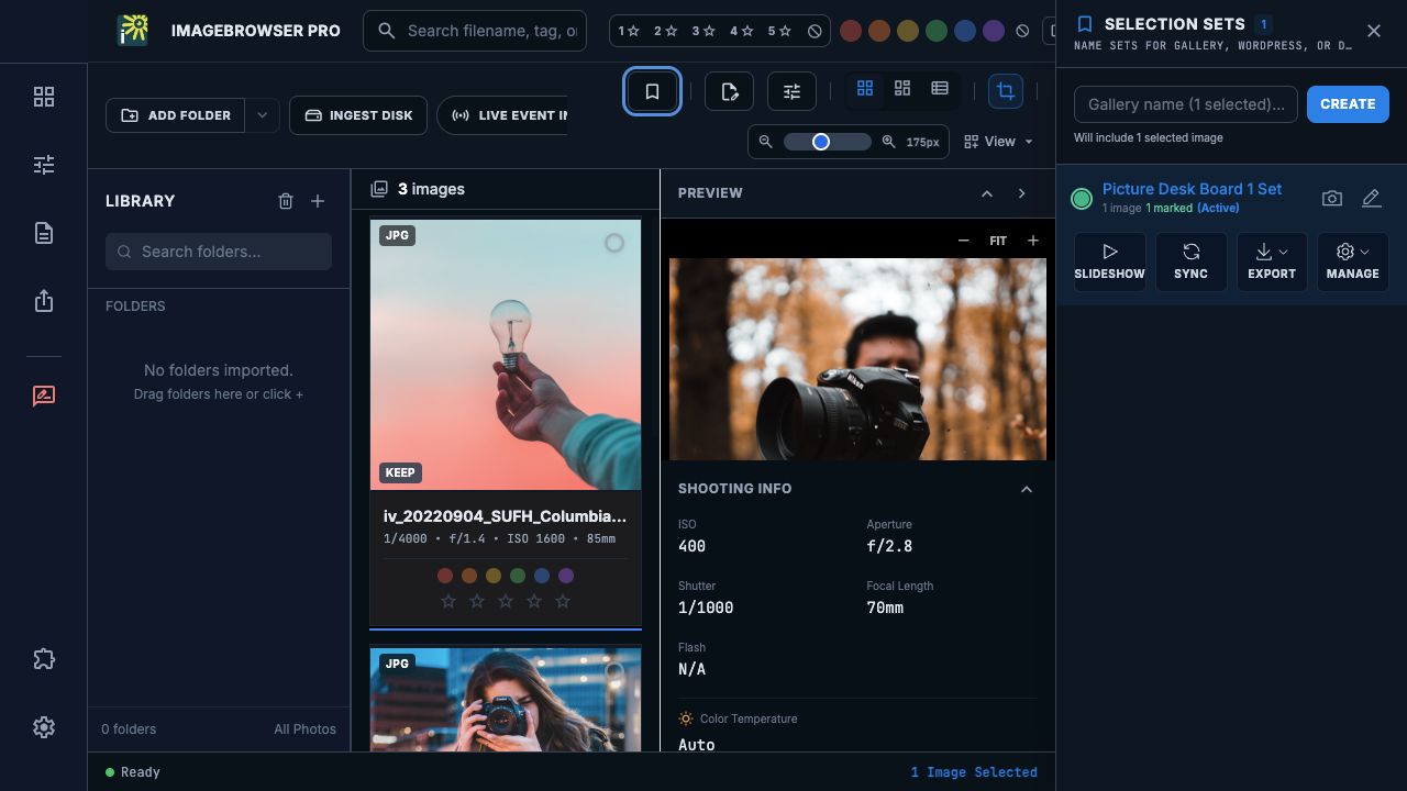 Actual ImageBrowserPro Selection Sets workspace with a three-image review set