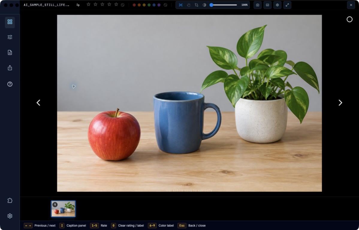 ImageBrowserPro carousel with an AI-generated still life and rating controls.