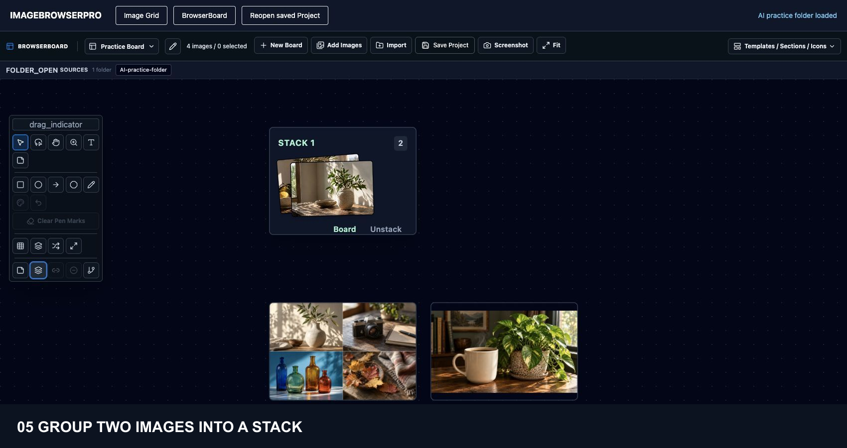 BrowserBoard in dark mode with four AI-generated practice images, two grouped in a stack