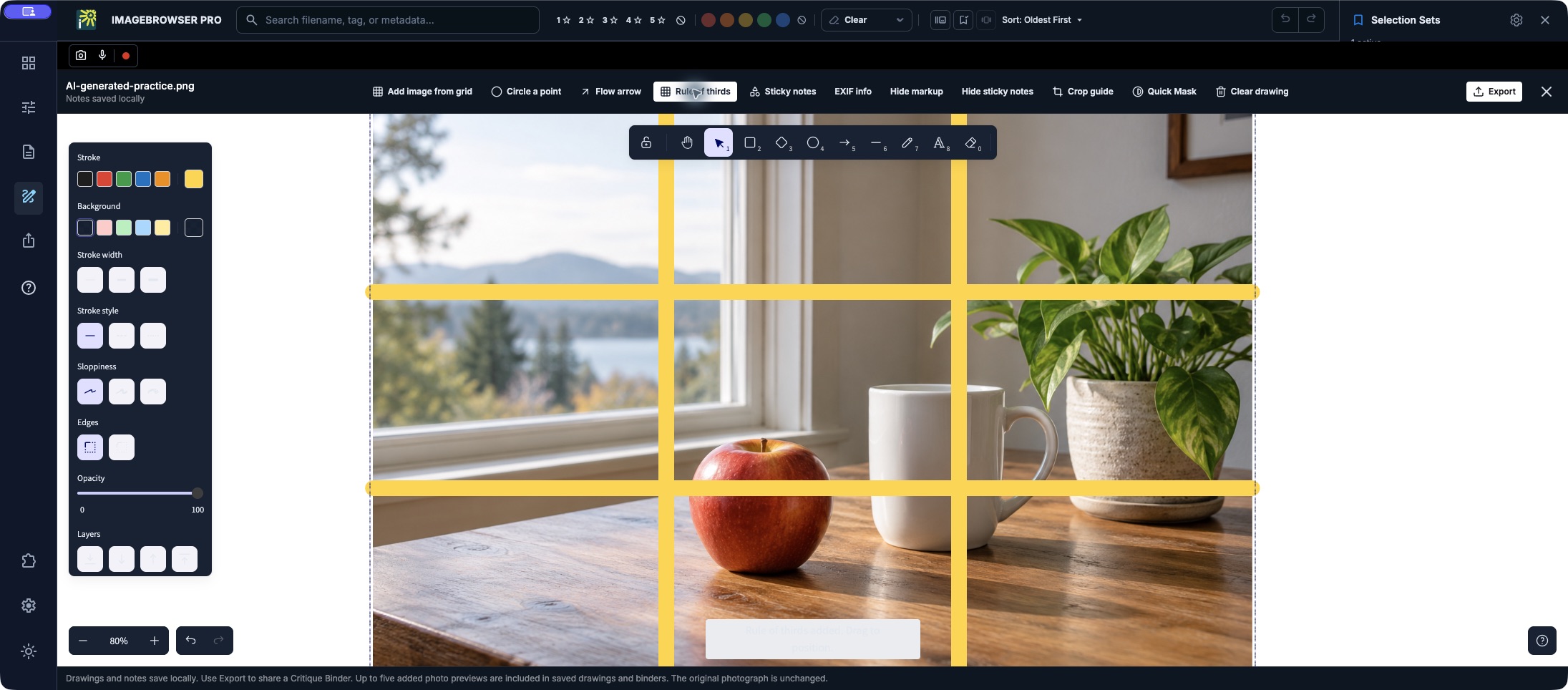 Carousel Work Mode with thirds markup on an AI-generated still life.