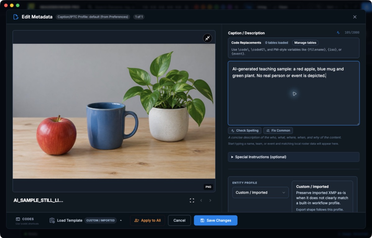 ImageBrowserPro Edit Metadata beside an AI-generated still life.