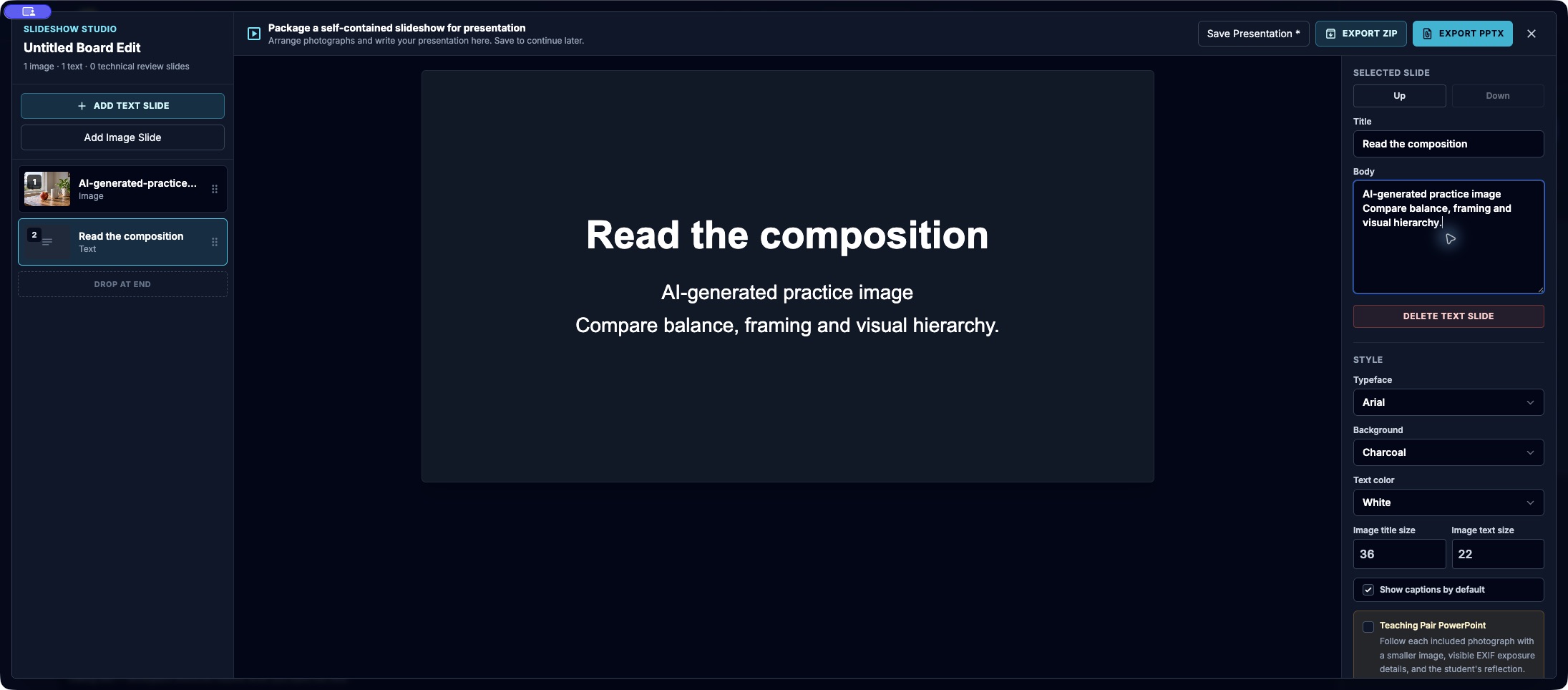 Slideshow Studio with one AI-generated image slide and a built-in text slide.