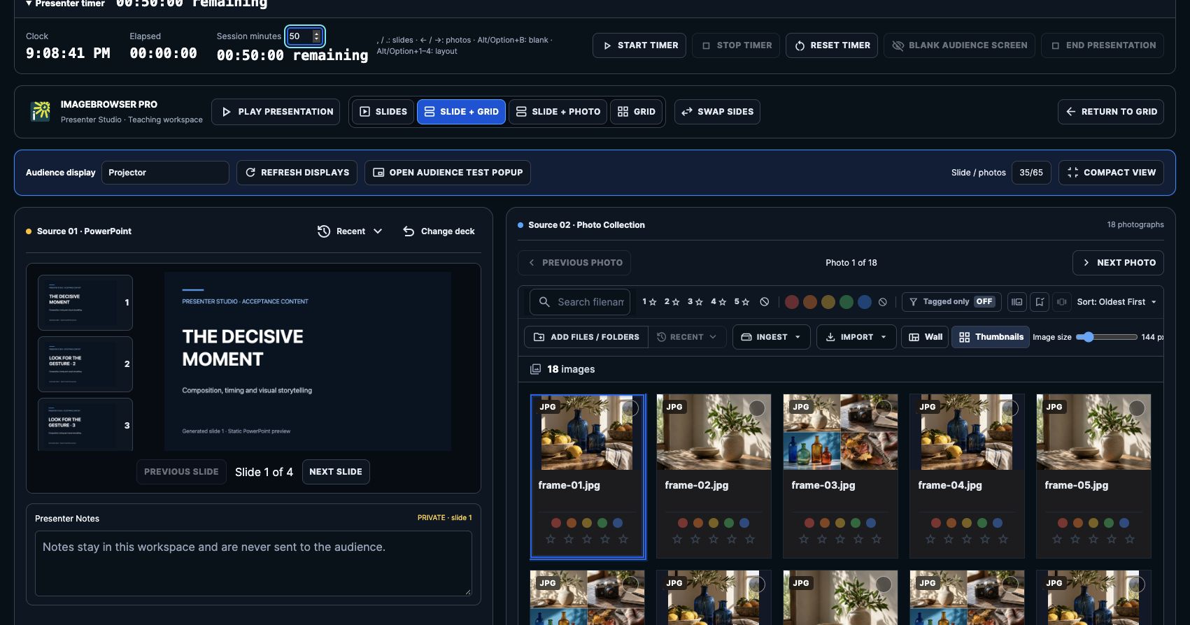Dark-mode Presenter Studio with four audience layout buttons, a sample slide, and a grid of AI-generated still-life photographs