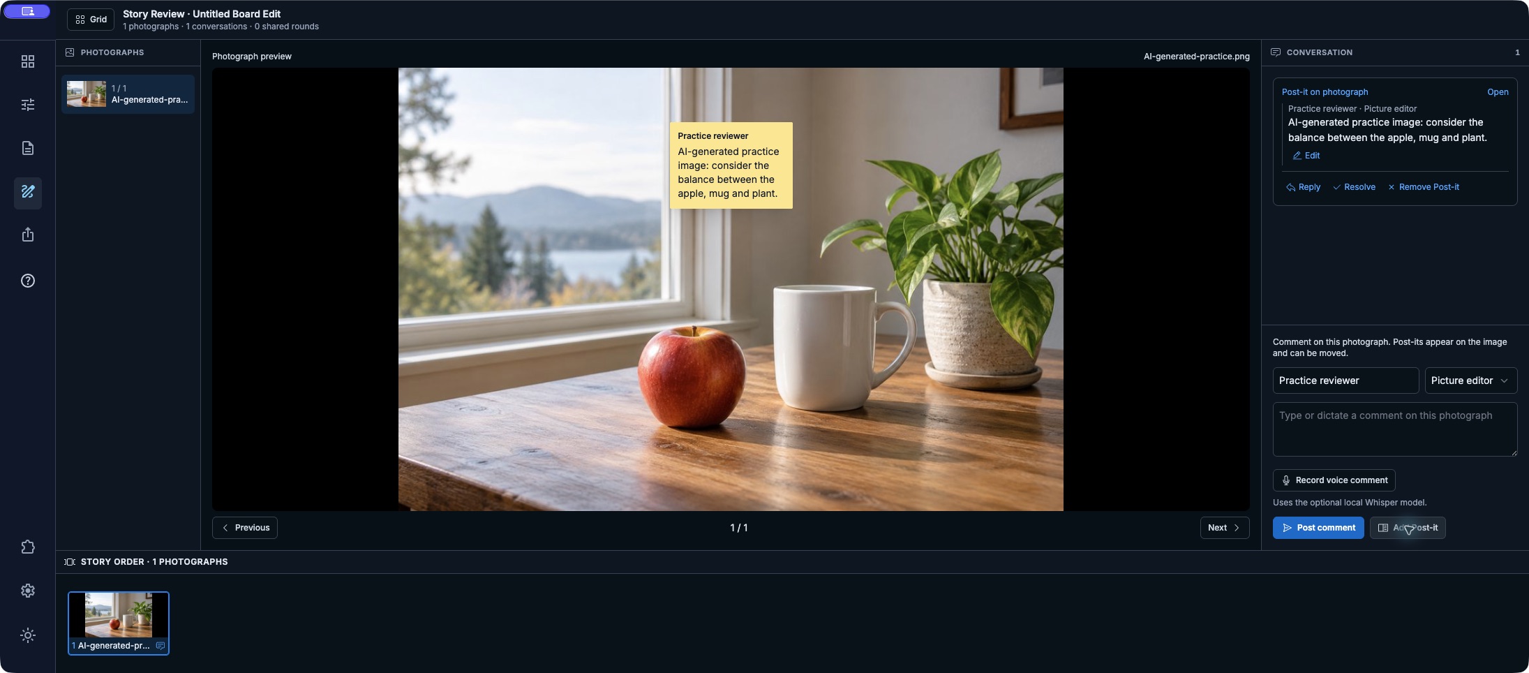 Story Review with an AI-generated still life and a practice Post-it comment.